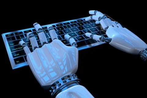 Robot hands typing on keyboard, keypad. Robotic hand cyborg using computer. イラスト素材