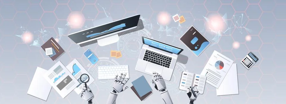 Robot hands using digital devices at workplace desk office stuff working process Illustrazione stock