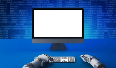 Robot hands using keyboard in front of a computer monitor with blank screen a Stock Illustration
