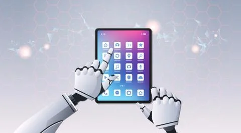 Robot hands using tablet computer application top angle view artificial Stock Illustration