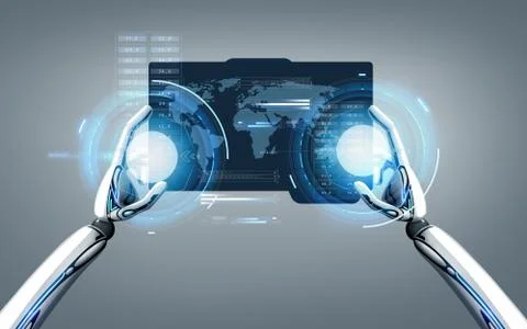 Robot hands with world map on tablet pc screen イラスト素材