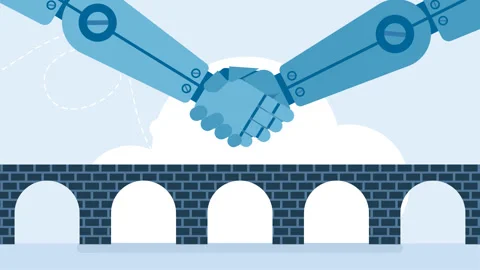 Robot handshake connecting. Robots shake hands on the background of a bridge Stock Footage 314658369