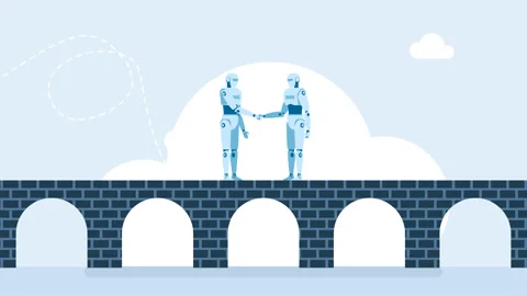 Robot handshake connecting. Two robots shake hands on the background of a bridge Stock Footage 315491108