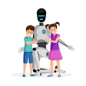 Robot with happy children flat vector illustration. Little boy and girl with Stock Illustration