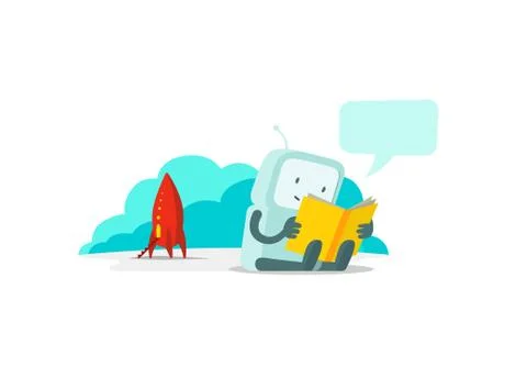 The robot has arrived on rocket and sits reading book. Instructions user guide Stock Illustration