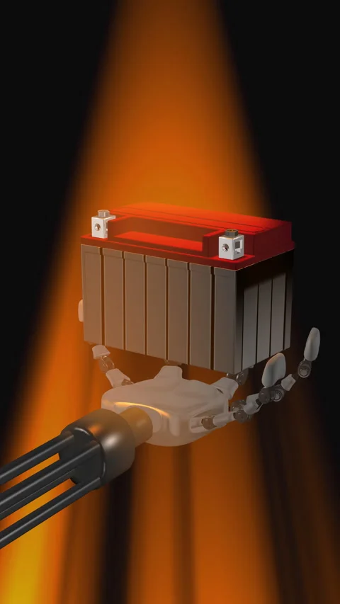 The robot has a car battery in its hand. Stock Footage 334478922