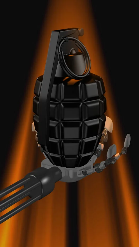The robot has a hand grenade in its hand. Stock Footage 334689658