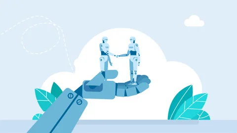 Robot has two robots on its arm. Robots shake hands. Robot handshake connecting Stockbeeldmateriaal 330077776