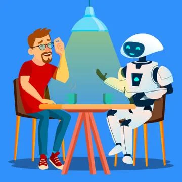 Robot Having A Good Time With Friend Man At Table In Cafe Vector. Isolated Stock Illustration