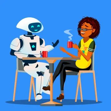 Robot Having A Good Time With Friend Woman At Table In Cafe Vector. Isolated Illustrazione stock