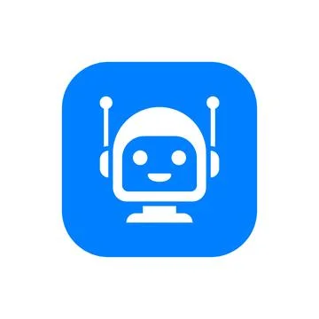Robot head with antenna and friendly face on blue rounded square icon or bu.. Stock Illustration