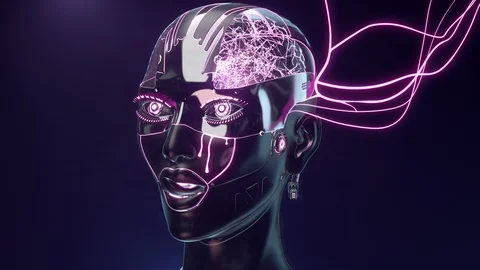 Robot head artificial intelligence concept on turntable seamless loop Video stock 126703294