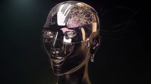 Robot head artificial intelligence concept on turntable seamless loop Video stock 126703760