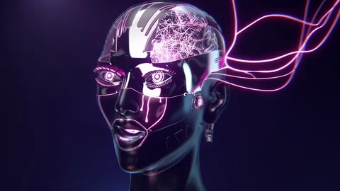Robot head artificial intelligence concept on turntable seamless loop Video stock 126704553