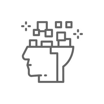 Robot head, brain connected to circuit board, artificial intelligence line icon. Stock Illustration