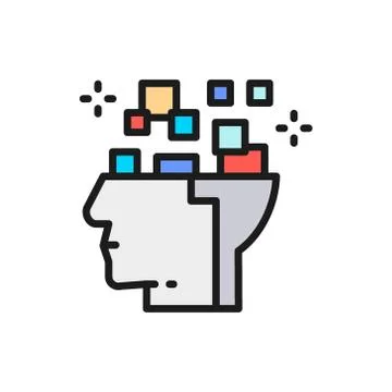 Robot head, brain connected to circuit board flat color line icon. イラスト素材