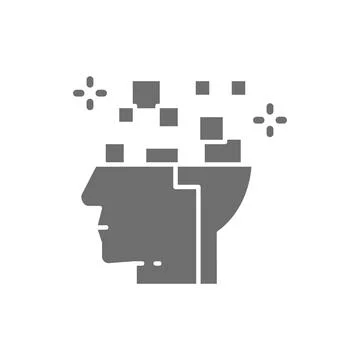 Robot head, brain connected to circuit board, artificial intelligence grey icon. Stock Illustration