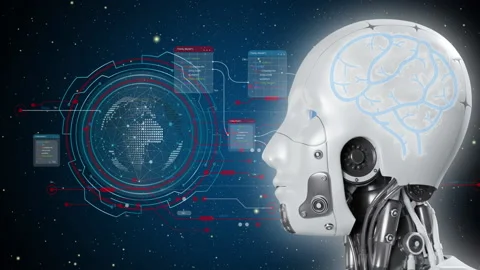 Robot head with brain shows rotating earth hologram. AI artificial intelligence Stock Footage 235739878