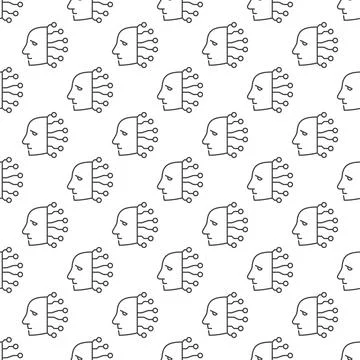 Robot Head with Circuits vector Artificial Intelligence line seamless pattern Illustrazione stock