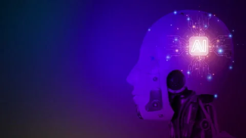 Robot head with glowing AI icon on future virtual background. Stock Footage 238661872