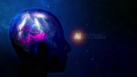 Robot head with glowing AI icon on future virtual background. Stock Footage 240054324