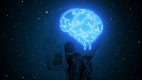 Robot head with glowing brain on space scene background. Stock Footage 235739852