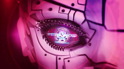 Robot head glowing red eyes Hacking hacker background. secure surveillance Stock Footage 333970029