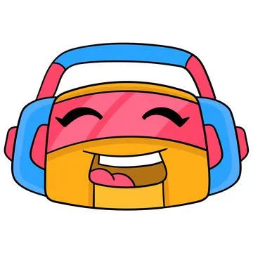 The robot head laughed while wearing a headset listening to music, doodle ico Stock Illustration