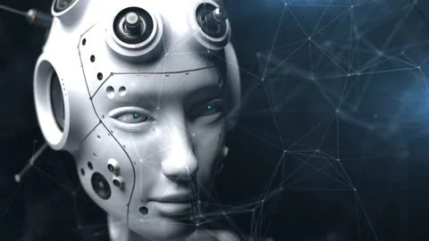 Robot head shot in three-quarter . robot watching what is happening . the con Stock Footage 171822789