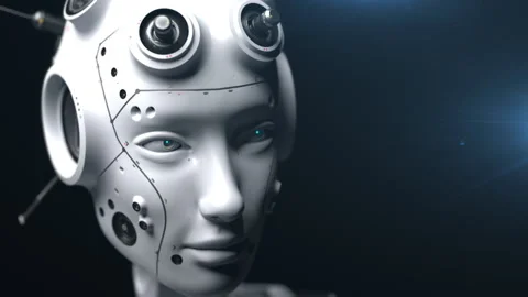 Robot head shot in three-quarter . robot watching what is happening . the con Video stock 171823291