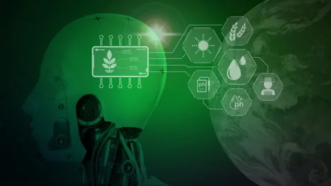 Robot head showing ECO icon, eco friendly protecting environmental world with AI Stock Footage 238966084