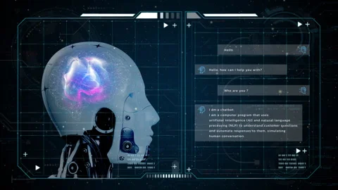Robot head shows AI icon provide access information, digital chatbot concept. Stock Footage 243573048