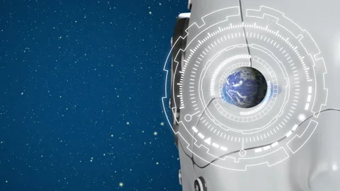 Robot head shows rotating earth hologram. AI artificial intelligence Stock Footage 235739873
