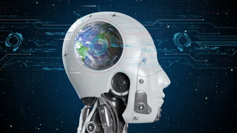 Robot head shows rotating earth hologram. AI artificial intelligence Stock Footage 236928373