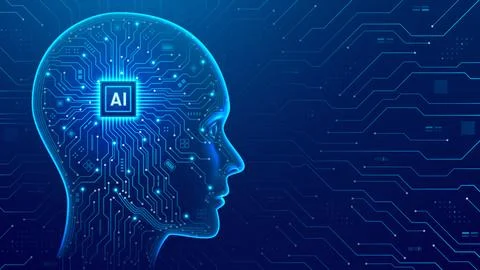 Robot head side view with AI chip Stock Illustration
