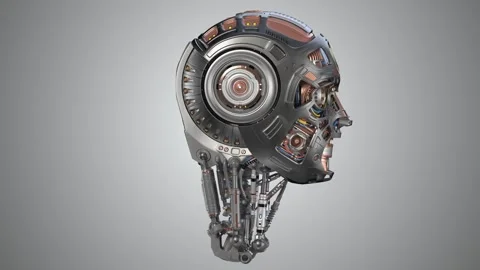 ROBOT HEAD UNMASKED TURNAROUND Video stock 253022335
