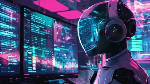 A Robot with a Helmet Looking at a Screen, Data Center, Rotating Lens Stock Footage 294666146