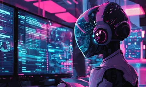 Robot with a Helmet Looking at a Screen Stock Footage 294666188