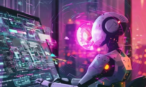 Robot with a Helmet Looking at a Screen Stock Footage 294666227