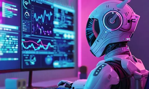 Robot with a Helmet Looking at a Screen Turning His Head Stock Footage 294666215