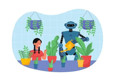 Robot help to girl vector Stock Illustration