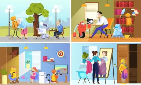 Robot help people set. Automatic service concept. Stock Illustration
