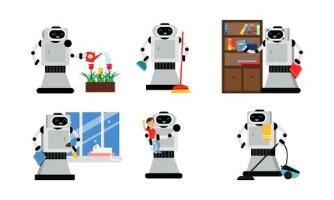 Robot Helper Character Doing Housework Vector Illustration Set Isolated On White Stock Illustration
