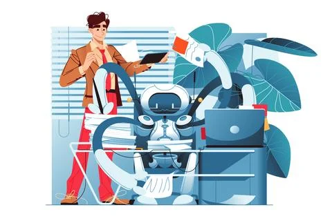Robot helps human to do work, vector illustration. 스톡 일러스트