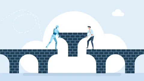 Robot helps or hinders to overcome cliffs or obstacles, supports or helps Stock Footage 314150855