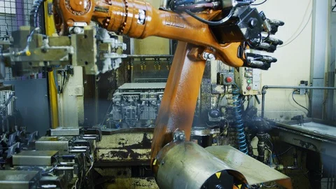Robot in High Tech Production Plant - Computerized Chip Manufacturing Video stock 98699792