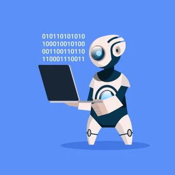 Robot Hold Laptop Coding On Blue Background Concept Modern Artificial Stock Illustration