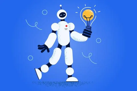 Robot hold lightbulb develop innovative idea Stock Illustration
