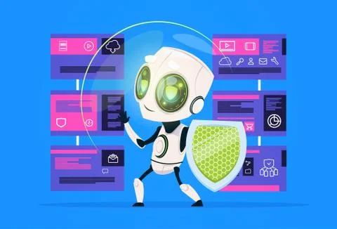 Robot hold shield data privacy computing center with hosting servers infographic Illustrazione stock
