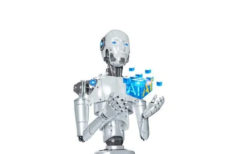 Robot holding AI cubic Illustrazione stock
